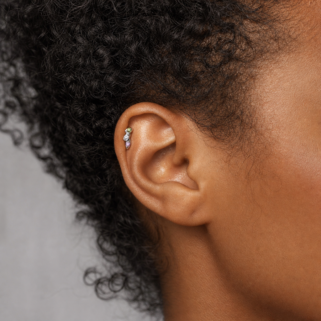 Green+Pink+CLCZ ASTM F136 Titanium Flat Back - Silver, Internally Threaded, 16G, 1.2 x 8+4 mm — wearing view five (P-FB-0066-S01)