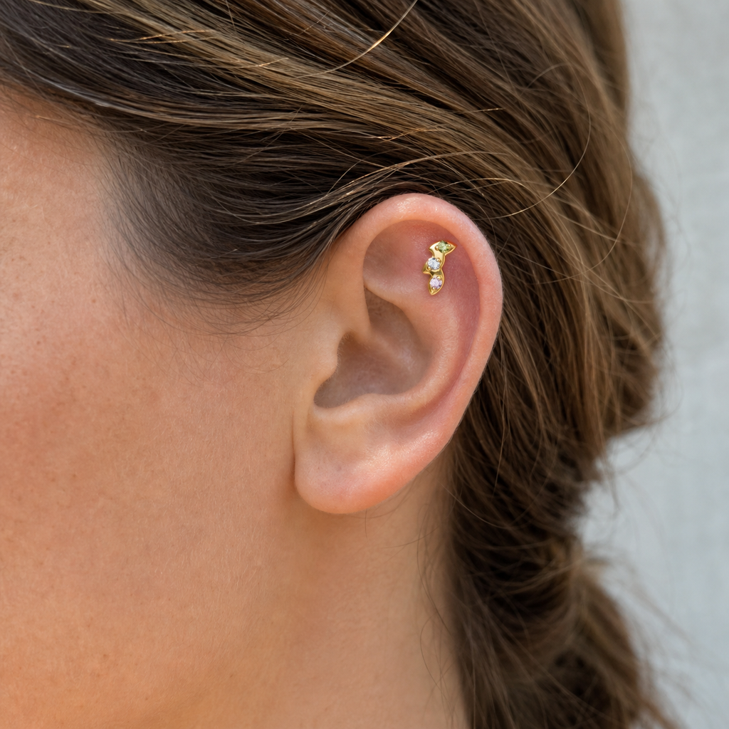 Green+Pink+CLCZ ASTM F136 Titanium Flat Back - Gold, Internally Threaded, 16G, 1.2 x 8+4 mm — wearing view four (P-FB-0067-G01)