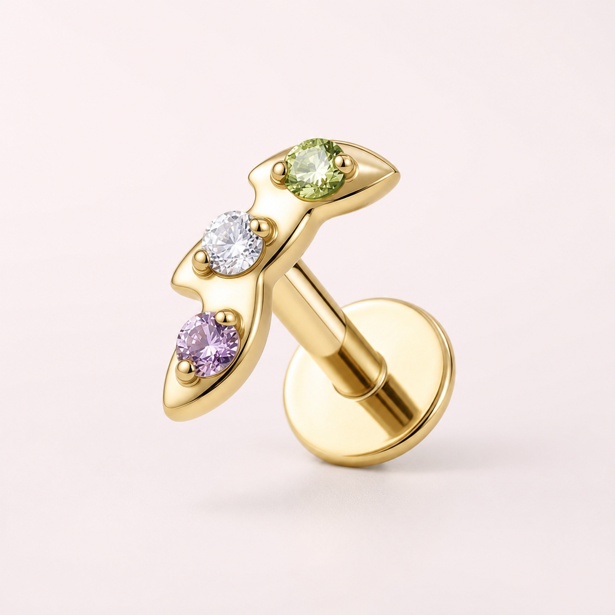 Green+Pink+CLCZ ASTM F136 Titanium Flat Back - Gold, Internally Threaded, 16G, 1.2 x 8+4 mm — primary product image (P-FB-0067-G01)
