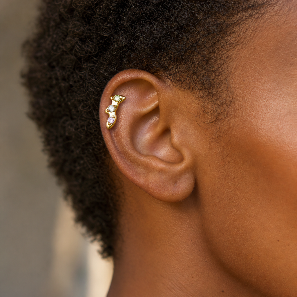 Green+Pink+CLCZ ASTM F136 Titanium Flat Back - Gold, Internally Threaded, 16G, 1.2 x 8+4 mm — wearing view two (P-FB-0067-G01)