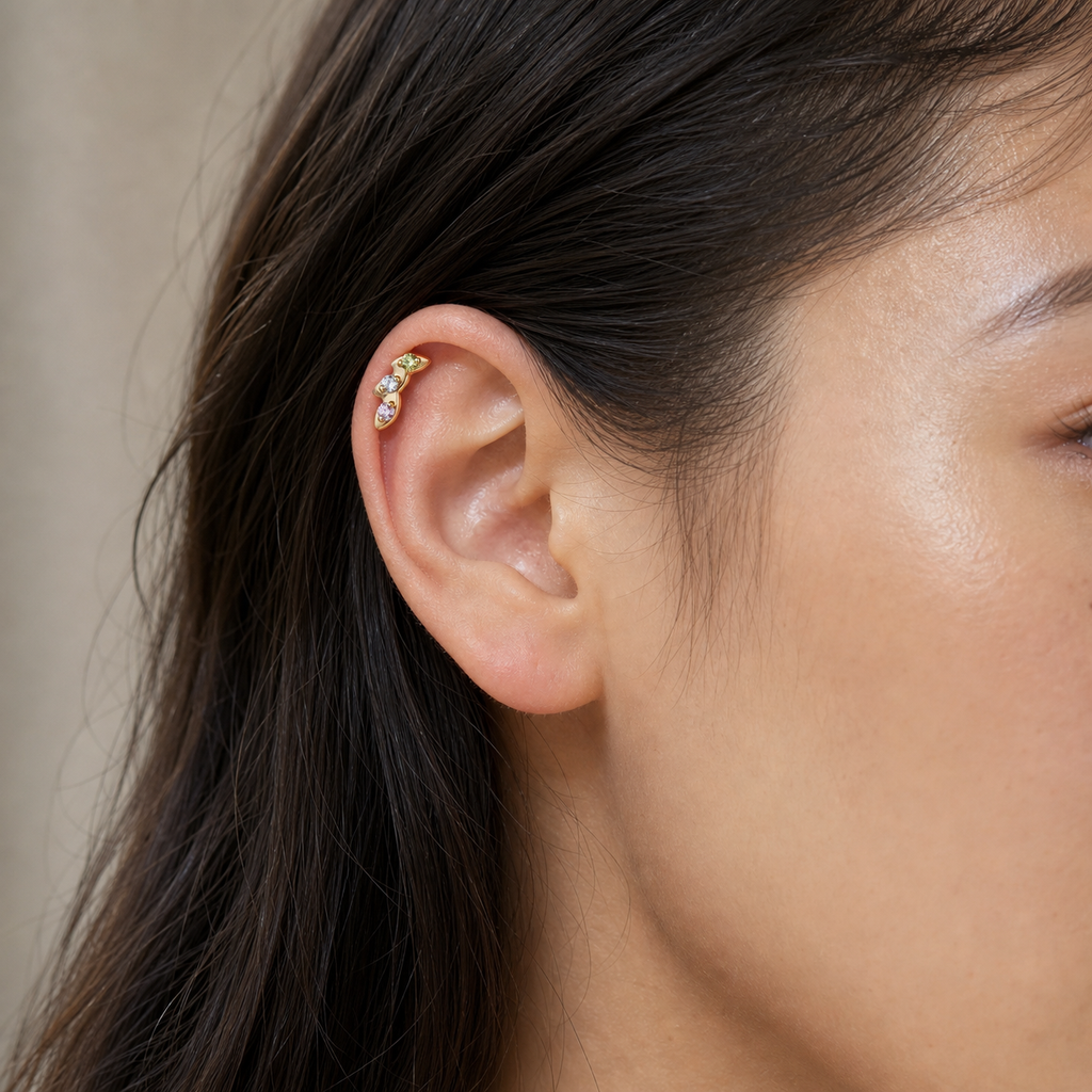 Green+Pink+CLCZ ASTM F136 Titanium Flat Back - Gold, Internally Threaded, 16G, 1.2 x 8+4 mm — wearing view three (P-FB-0067-G01)