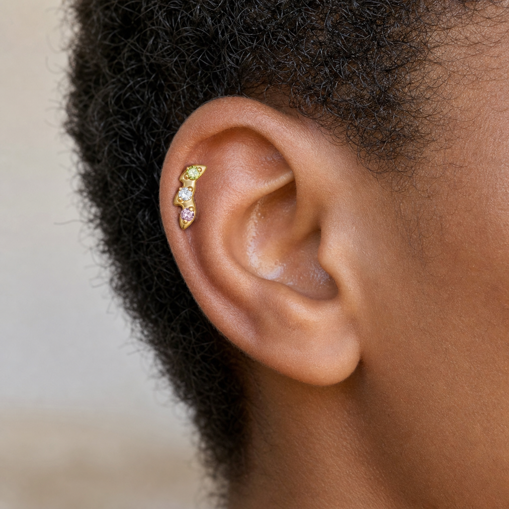Green+Pink+CLCZ ASTM F136 Titanium Flat Back - Gold, Internally Threaded, 16G, 1.2 x 8+4 mm — wearing view five (P-FB-0067-G01)