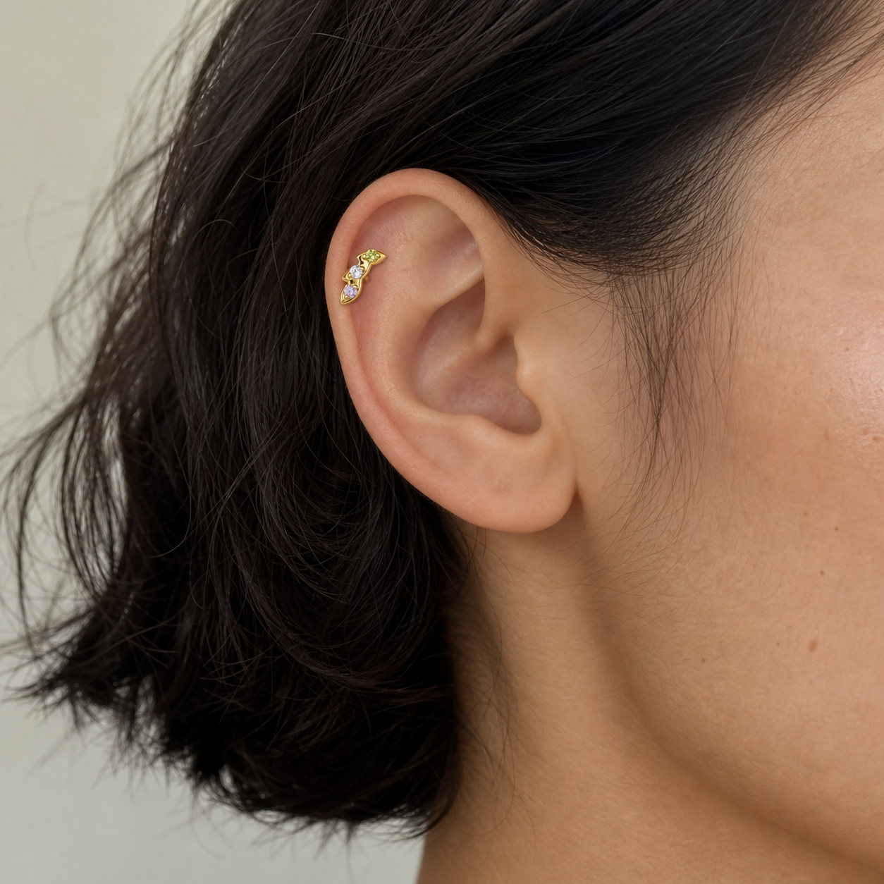 Green+Pink+CLCZ ASTM F136 Titanium Flat Back - Gold, Internally Threaded, 16G, 1.2 x 8+4 mm — wearing view six (P-FB-0067-G01)