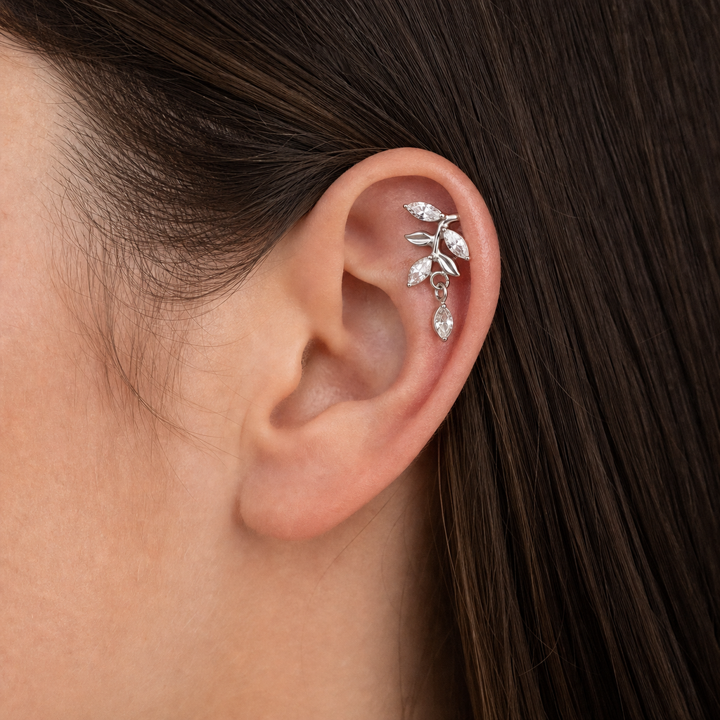 Clear CZ ASTM F136 Titanium Flat Back - Silver, Threadless, 18G, 1.0 x 6+4 mm — wearing view four (P-FB-0068-S01)
