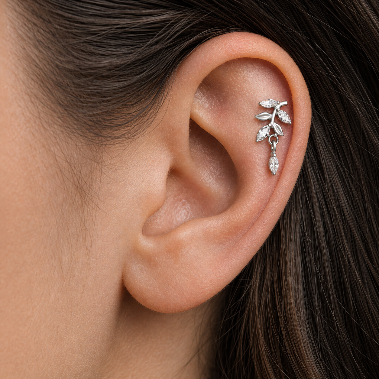 Clear CZ ASTM F136 Titanium Flat Back - Silver, Threadless, 18G, 1.0 x 6+4 mm — wearing view one (P-FB-0068-S01)