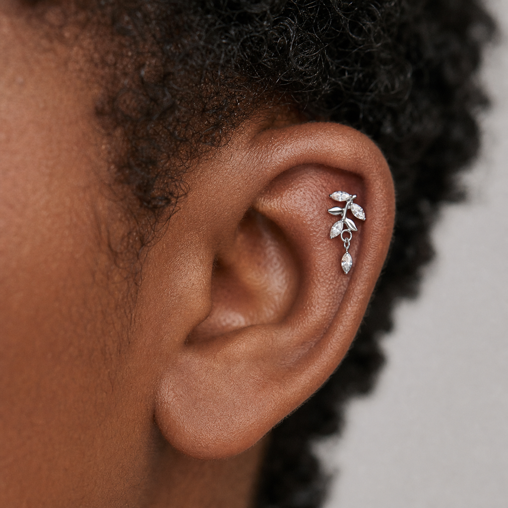 Clear CZ ASTM F136 Titanium Flat Back - Silver, Threadless, 18G, 1.0 x 6+4 mm — wearing view two (P-FB-0068-S01)