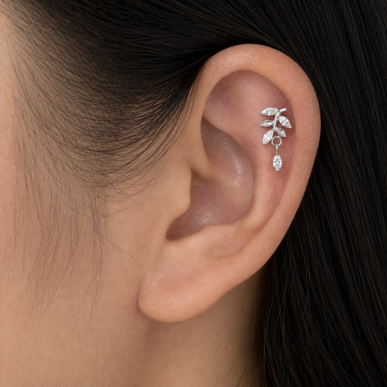 Clear CZ ASTM F136 Titanium Flat Back - Silver, Threadless, 18G, 1.0 x 6+4 mm — wearing view three (P-FB-0068-S01)