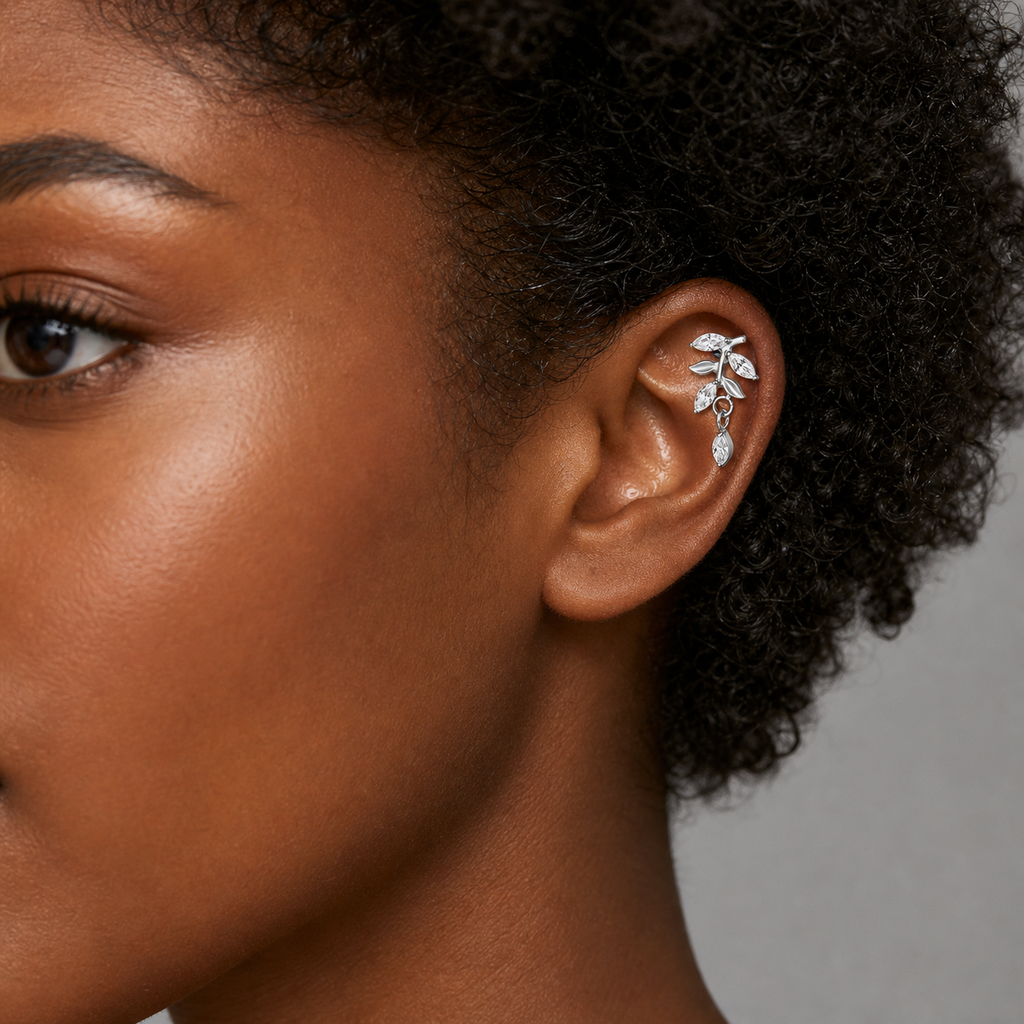 Clear CZ ASTM F136 Titanium Flat Back - Silver, Threadless, 18G, 1.0 x 6+4 mm — wearing view five (P-FB-0068-S01)