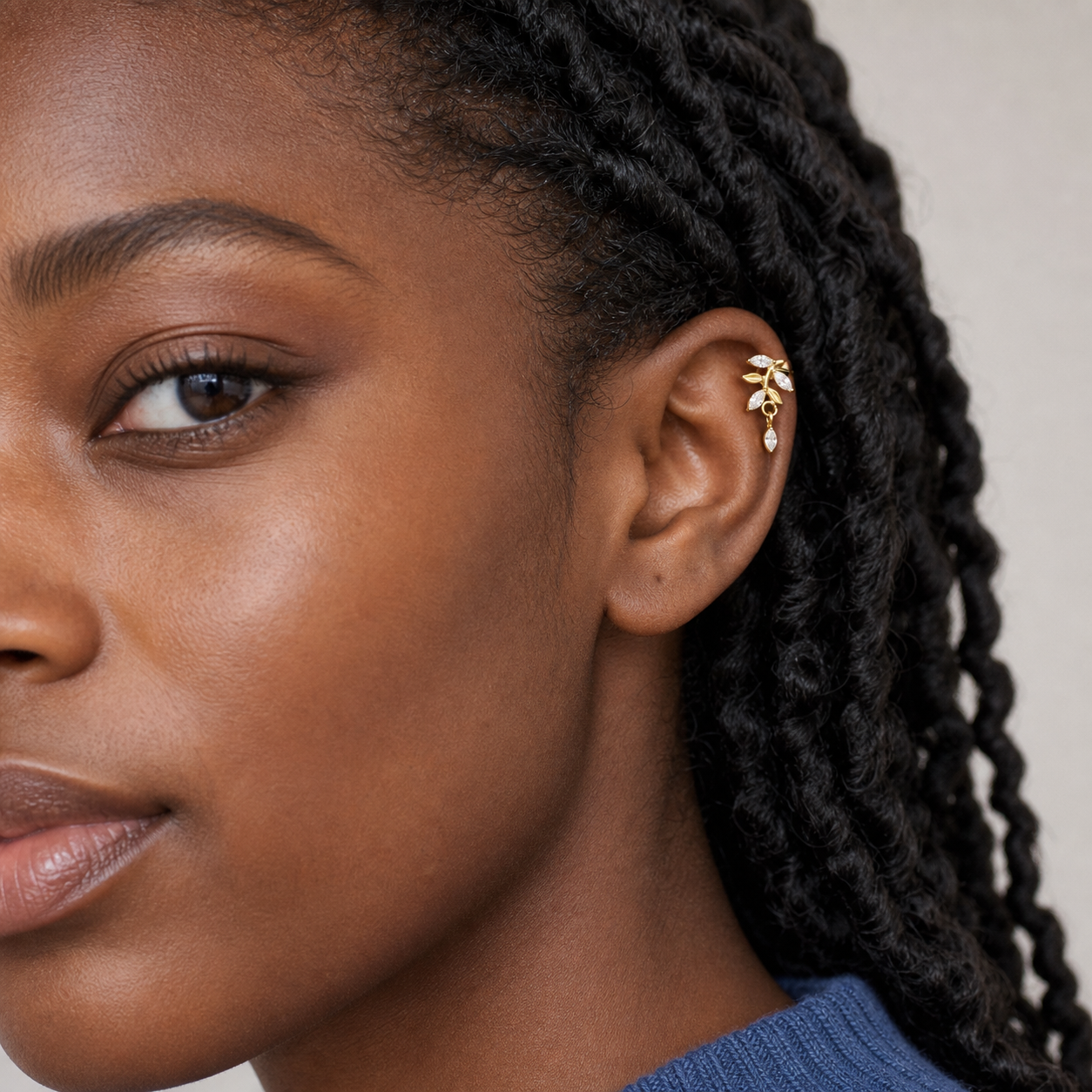 Clear CZ ASTM F136 Titanium Flat Back - Gold, Threadless, 18G, 1.0 x 6+4 mm — wearing view two (P-FB-0069-G01)