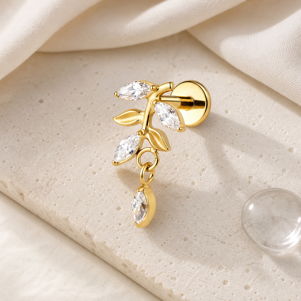 Clear CZ ASTM F136 Titanium Flat Back - Gold, Threadless, 18G, 1.0 x 6+4 mm — styled flat lay (P-FB-0069-G01)