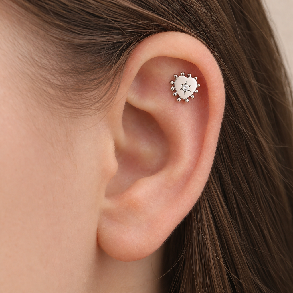 Clear CZ ASTM F136 Titanium Flat Back - Silver, Threadless, 18G, 1.0 x 6+4 mm — wearing view four (P-FB-0070-S01)