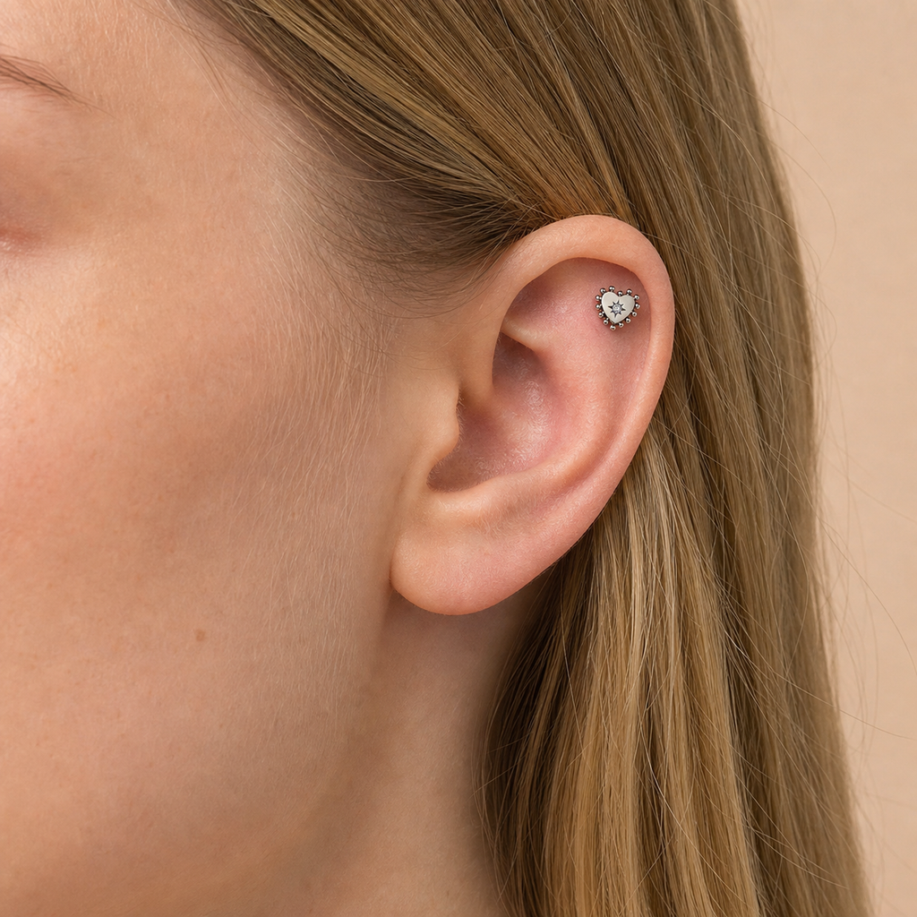 Clear CZ ASTM F136 Titanium Flat Back - Silver, Threadless, 18G, 1.0 x 6+4 mm — wearing view one (P-FB-0070-S01)