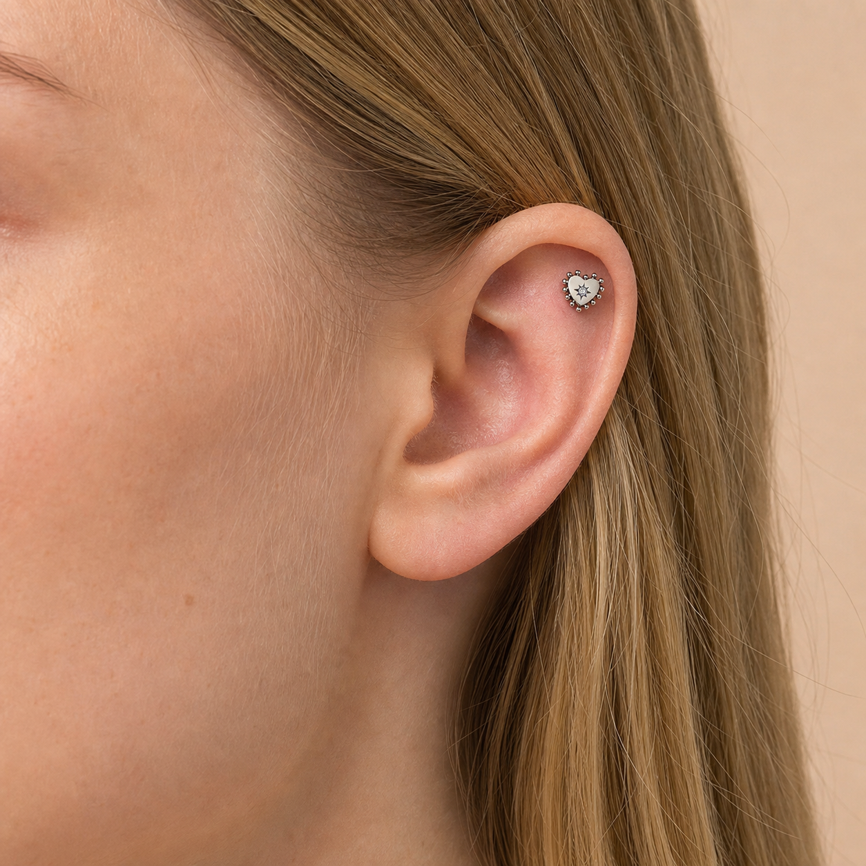 Clear CZ ASTM F136 Titanium Flat Back - Silver, Threadless, 18G, 1.0 x 6+4 mm — wearing view one (P-FB-0070-S01)