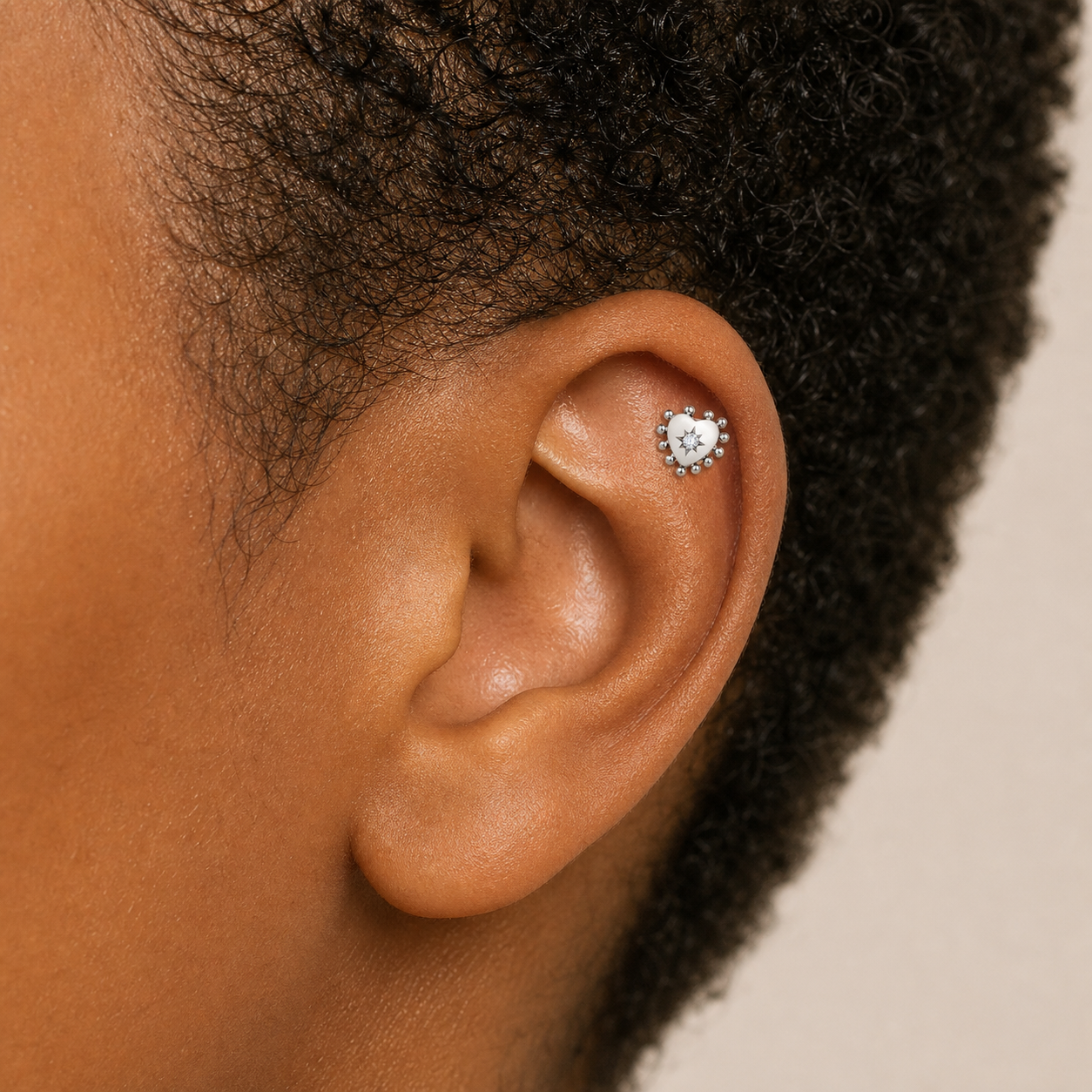 Clear CZ ASTM F136 Titanium Flat Back - Silver, Threadless, 18G, 1.0 x 6+4 mm — wearing view two (P-FB-0070-S01)