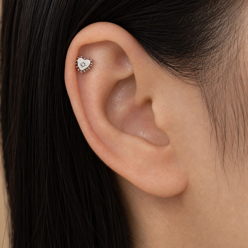 Clear CZ ASTM F136 Titanium Flat Back - Silver, Threadless, 18G, 1.0 x 6+4 mm — wearing view three (P-FB-0070-S01)