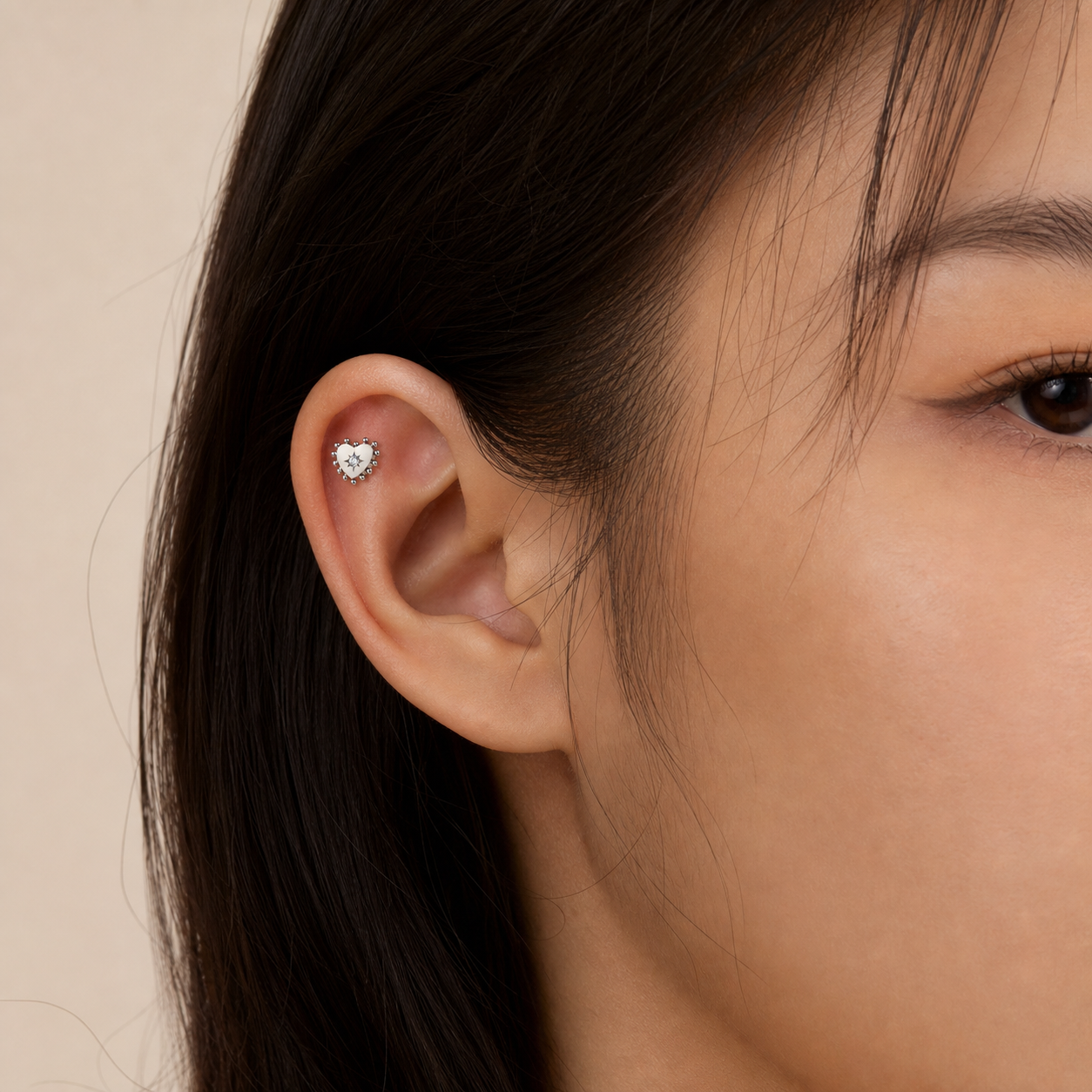 Clear CZ ASTM F136 Titanium Flat Back - Silver, Threadless, 18G, 1.0 x 6+4 mm — wearing view six (P-FB-0070-S01)