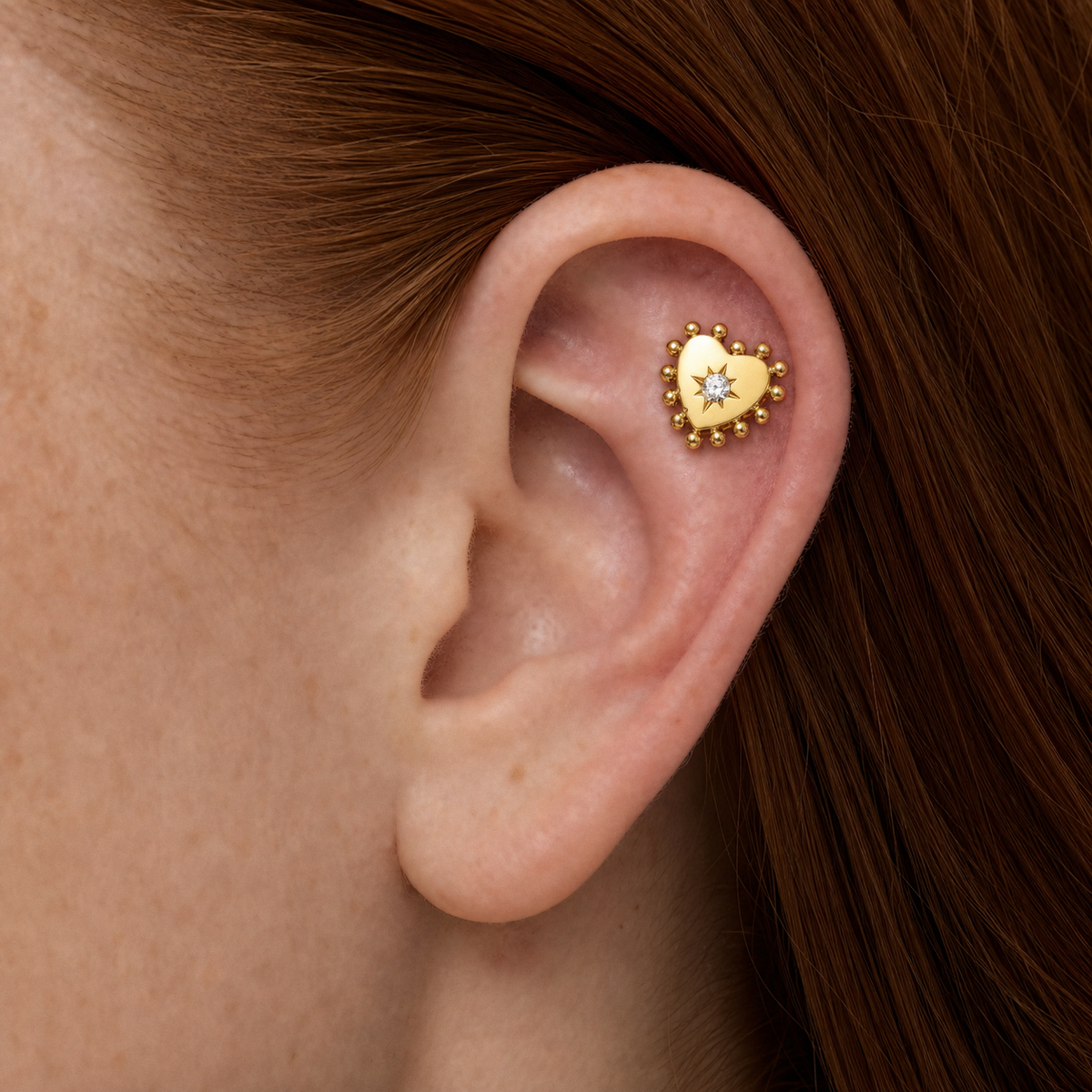 Clear CZ ASTM F136 Titanium Flat Back - Gold, Threadless, 18G, 1.0 x 6+4 mm — wearing view two (P-FB-0071-G01)