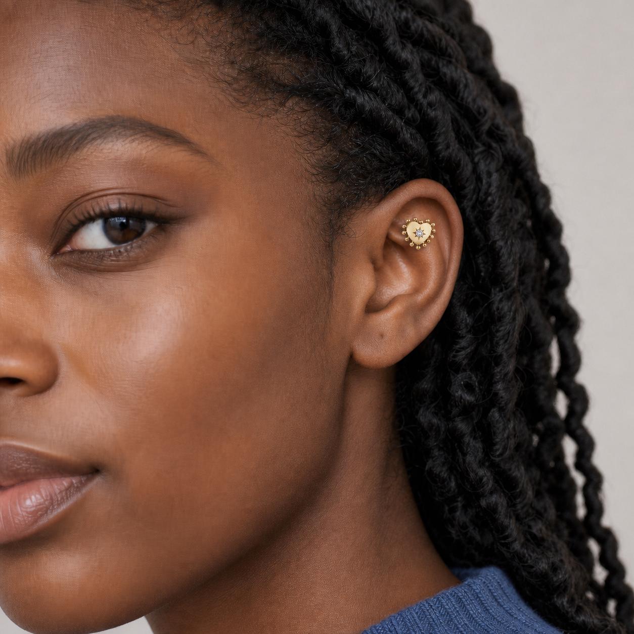 Clear CZ ASTM F136 Titanium Flat Back - Gold, Threadless, 18G, 1.0 x 6+4 mm — wearing view two (P-FB-0071-G01)
