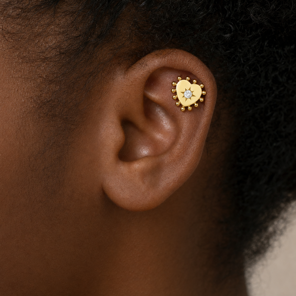 Clear CZ ASTM F136 Titanium Flat Back - Gold, Threadless, 18G, 1.0 x 6+4 mm — wearing view three (P-FB-0071-G01)