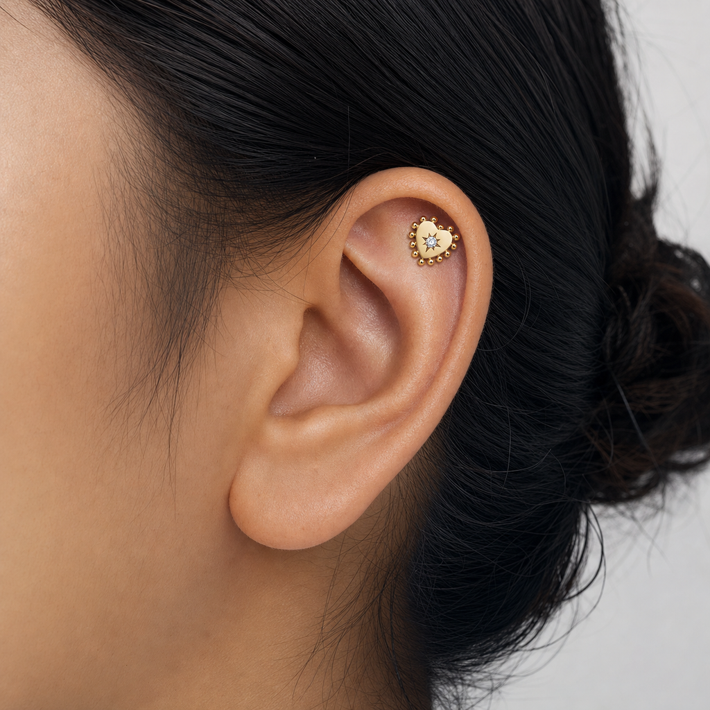 Clear CZ ASTM F136 Titanium Flat Back - Gold, Threadless, 18G, 1.0 x 6+4 mm — wearing view four (P-FB-0071-G01)