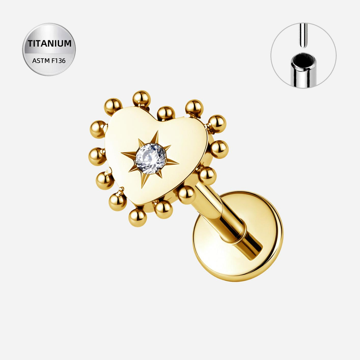 Clear CZ ASTM F136 Titanium Flat Back - Gold, Threadless, 18G, 1.0 x 6+4 mm — product detail views (P-FB-0071-G01)