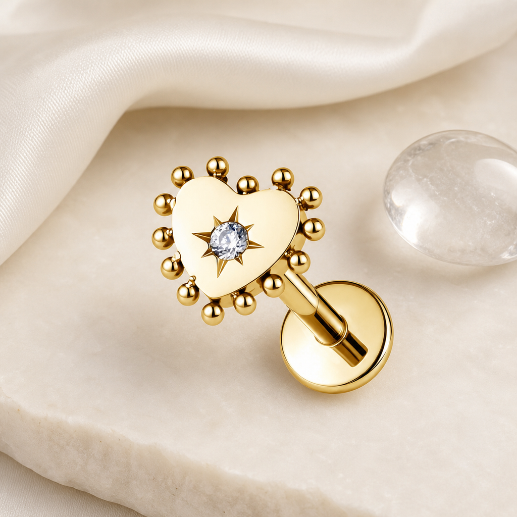 Clear CZ ASTM F136 Titanium Flat Back - Gold, Threadless, 18G, 1.0 x 6+4 mm — styled flat lay (P-FB-0071-G01)