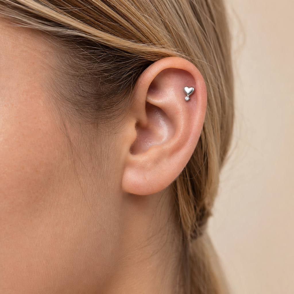 Clear CZ ASTM F136 Titanium Flat Back - Silver, Threadless, 18G, 1.0 x 6+4 mm — wearing view one (P-FB-0072-S01)
