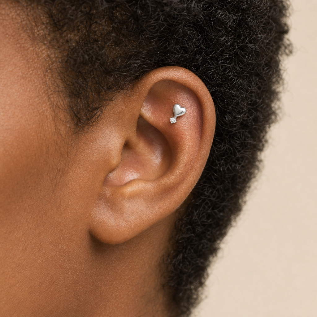 Clear CZ ASTM F136 Titanium Flat Back - Silver, Threadless, 18G, 1.0 x 6+4 mm — wearing view two (P-FB-0072-S01)