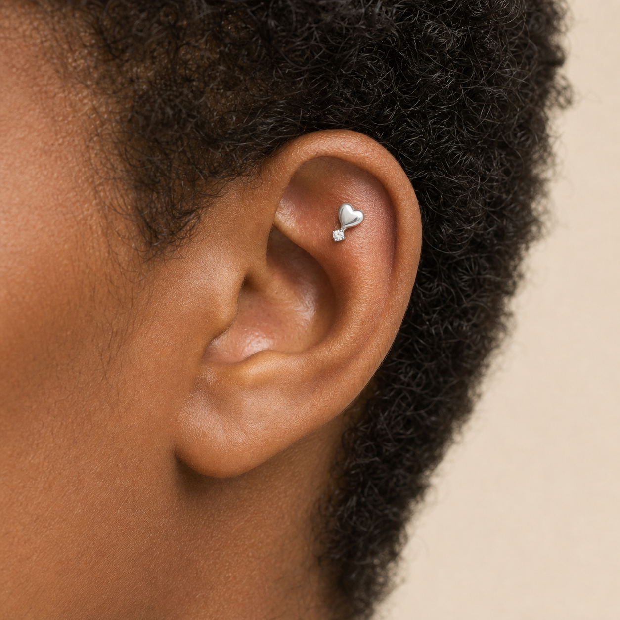 Clear CZ ASTM F136 Titanium Flat Back - Silver, Threadless, 18G, 1.0 x 6+4 mm — wearing view two (P-FB-0072-S01)