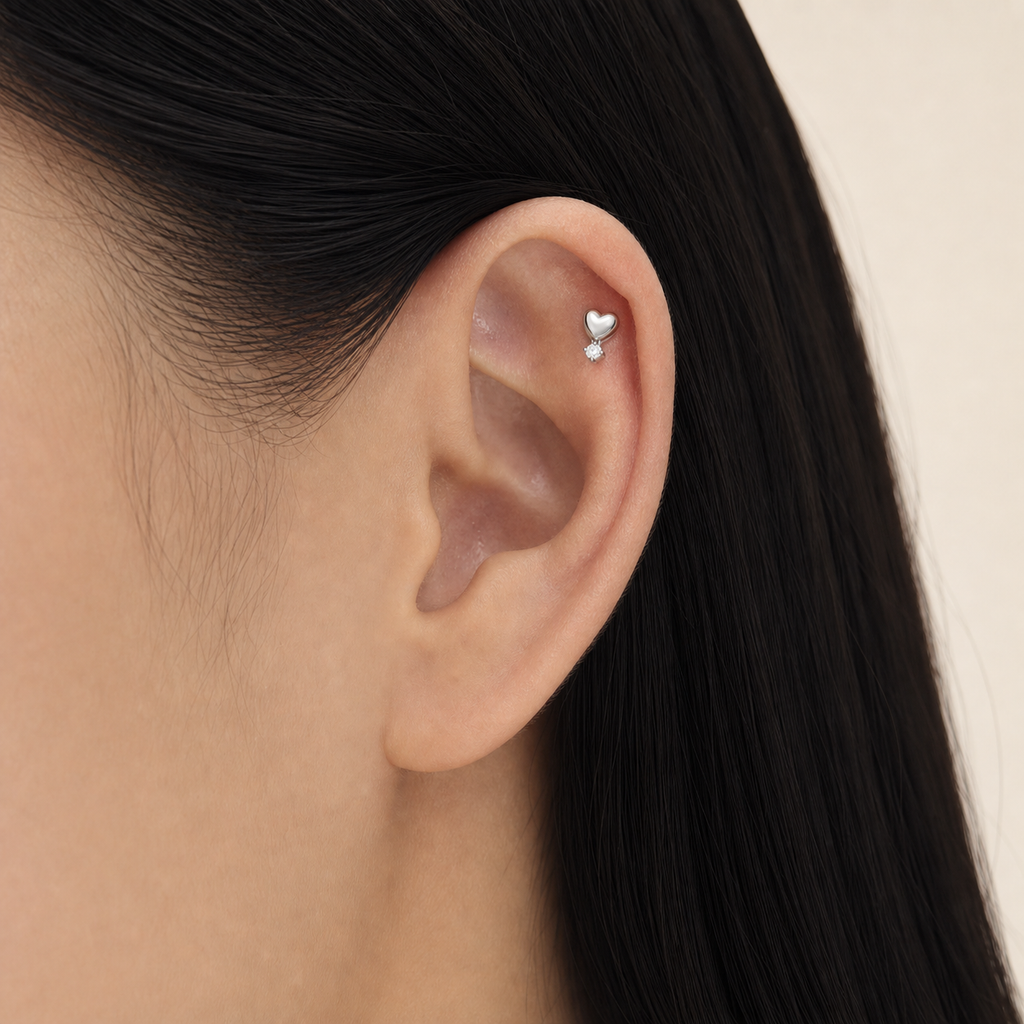 Clear CZ ASTM F136 Titanium Flat Back - Silver, Threadless, 18G, 1.0 x 6+4 mm — wearing view three (P-FB-0072-S01)