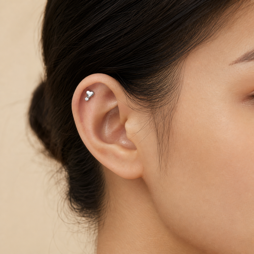 Clear CZ ASTM F136 Titanium Flat Back - Silver, Threadless, 18G, 1.0 x 6+4 mm — wearing view six (P-FB-0072-S01)