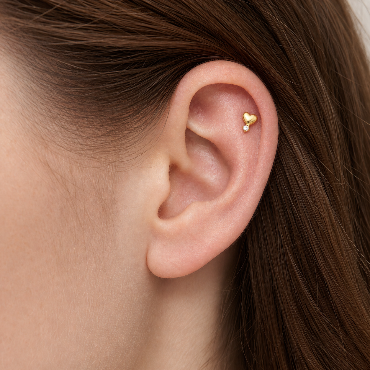 Clear CZ ASTM F136 Titanium Flat Back - Gold, Threadless, 18G, 1.0 x 6+4 mm — wearing view four (P-FB-0073-G01)