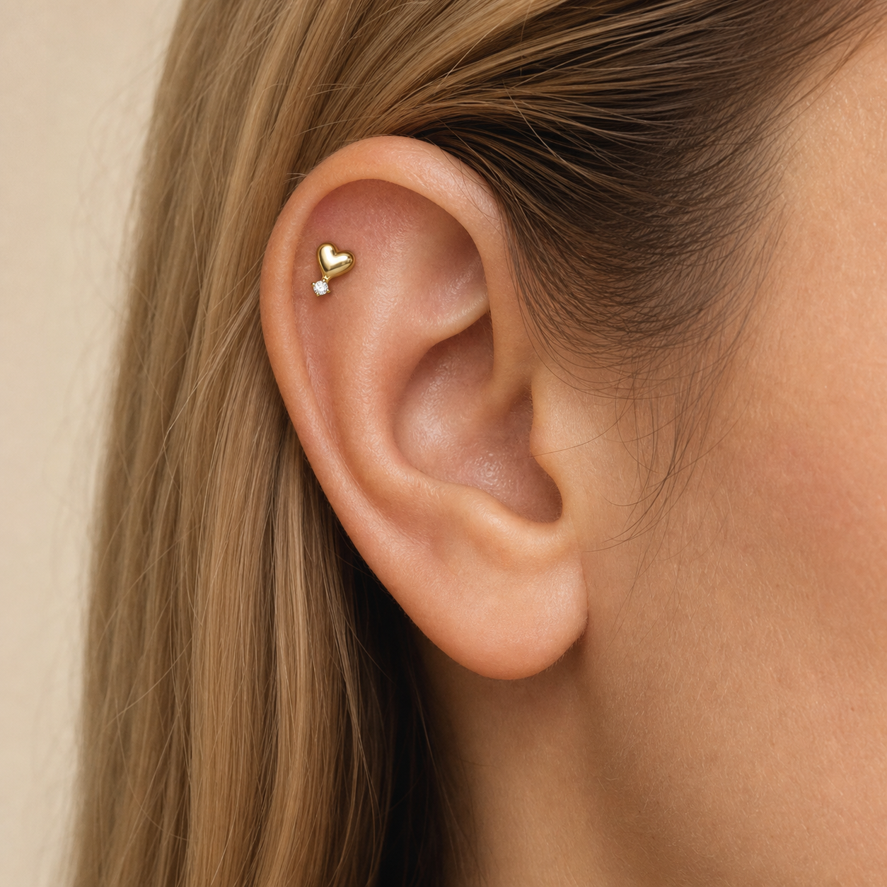 Clear CZ ASTM F136 Titanium Flat Back - Gold, Threadless, 18G, 1.0 x 6+4 mm — wearing view one (P-FB-0073-G01)