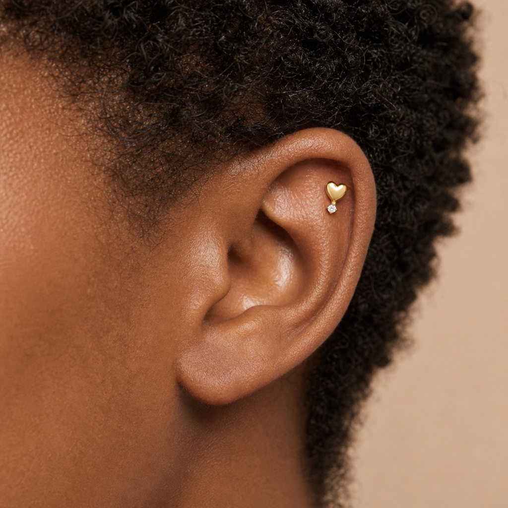 Clear CZ ASTM F136 Titanium Flat Back - Gold, Threadless, 18G, 1.0 x 6+4 mm — wearing view two (P-FB-0073-G01)
