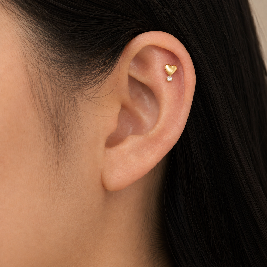 Clear CZ ASTM F136 Titanium Flat Back - Gold, Threadless, 18G, 1.0 x 6+4 mm — wearing view three (P-FB-0073-G01)