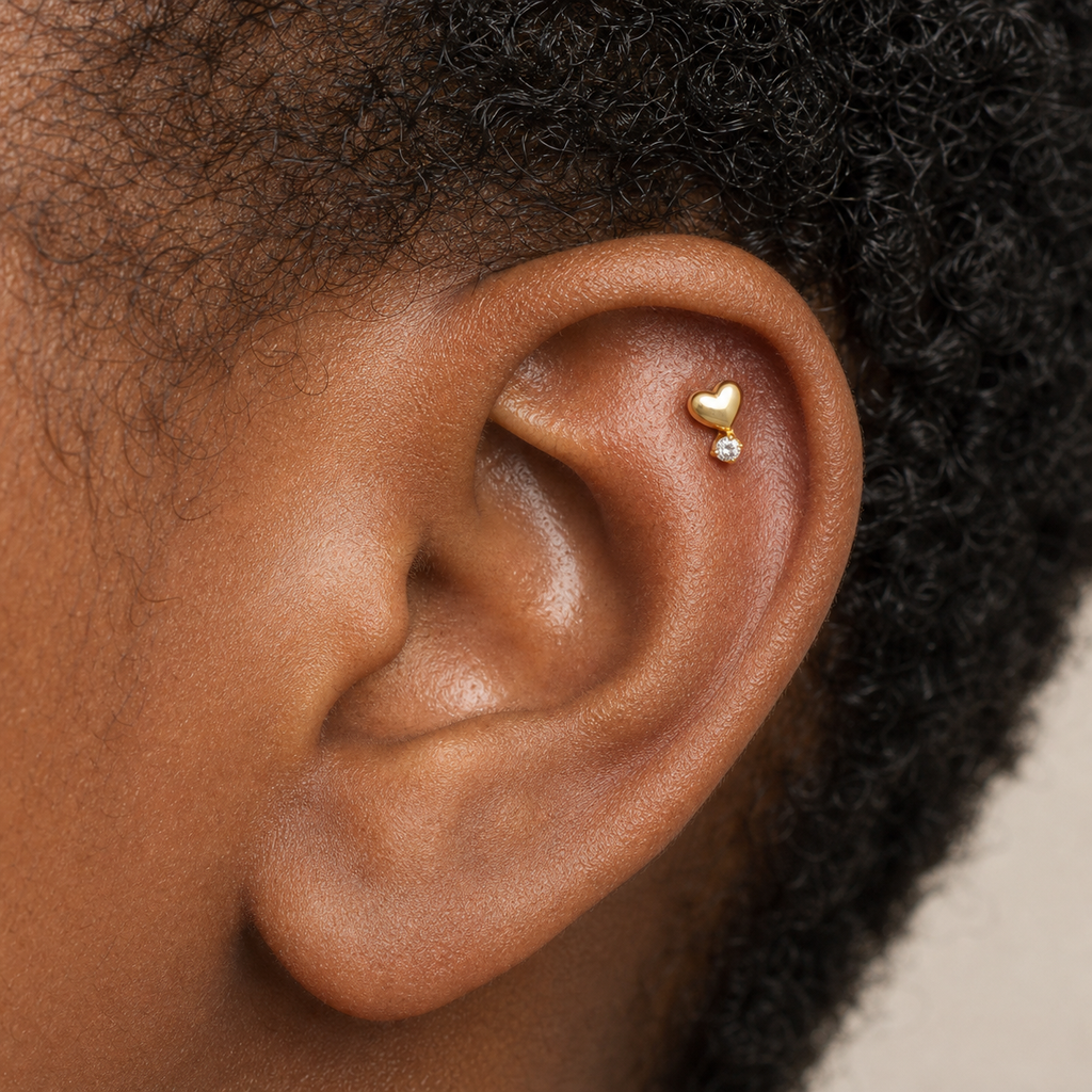 Clear CZ ASTM F136 Titanium Flat Back - Gold, Threadless, 18G, 1.0 x 6+4 mm — wearing view five (P-FB-0073-G01)