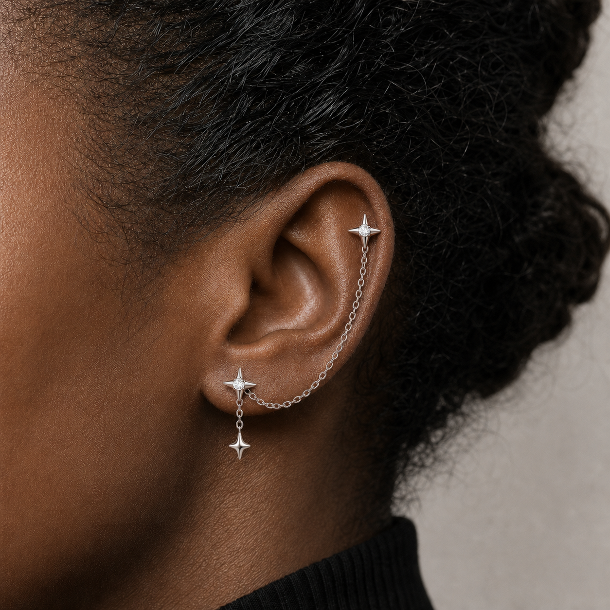 Clear CZ ASTM F136 Titanium Flat Back - Silver, Threadless, 18G, 1.0 x 6+4 mm — wearing view two (P-FB-0074-S01)