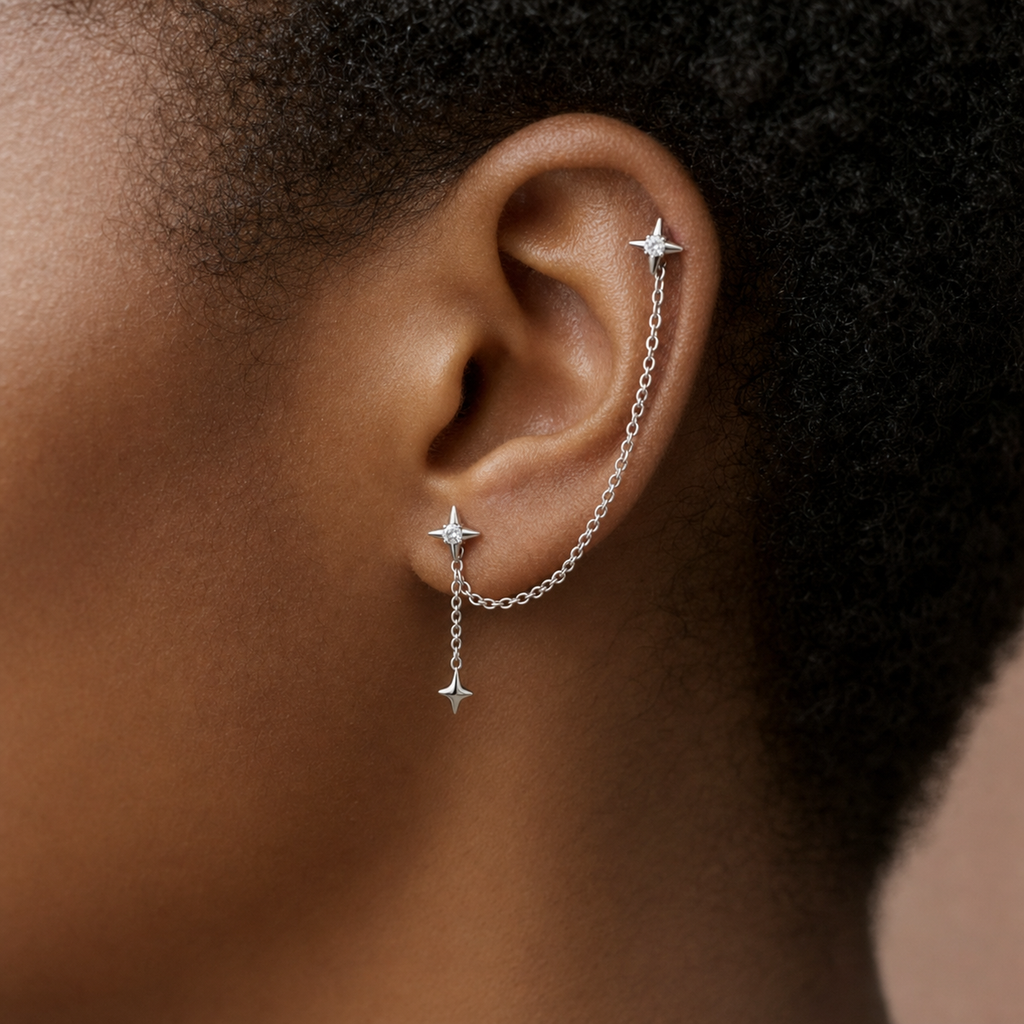 Clear CZ ASTM F136 Titanium Flat Back - Silver, Threadless, 18G, 1.0 x 6+4 mm — wearing view five (P-FB-0074-S01)