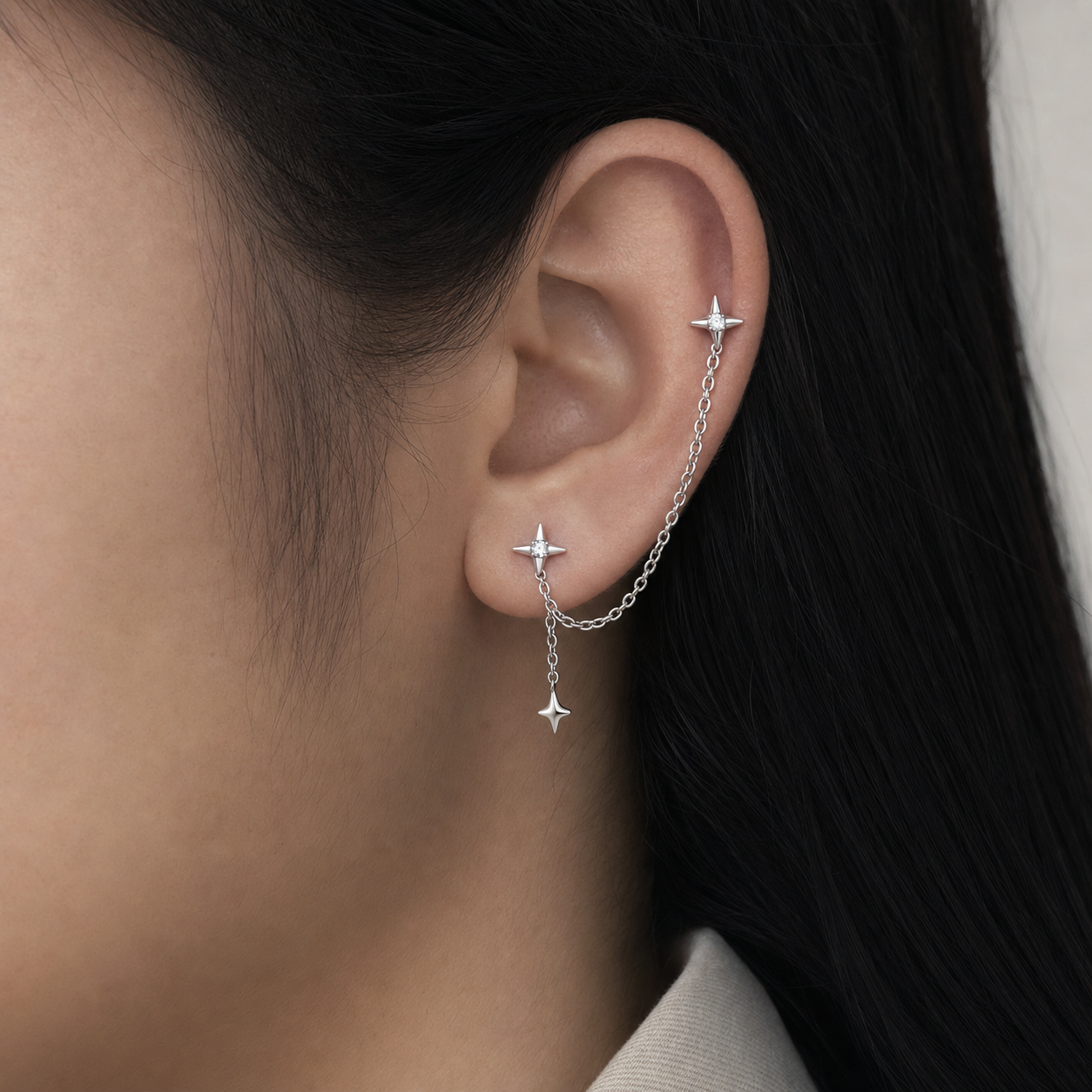 Clear CZ ASTM F136 Titanium Flat Back - Silver, Threadless, 18G, 1.0 x 6+4 mm — wearing view six (P-FB-0074-S01)