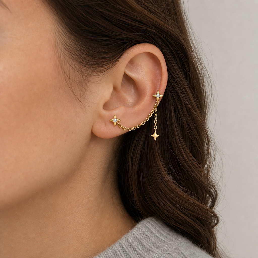Clear CZ ASTM F136 Titanium Flat Back - Gold, Threadless, 18G, 1.0 x 6+4 mm — wearing view one (P-FB-0075-G01)