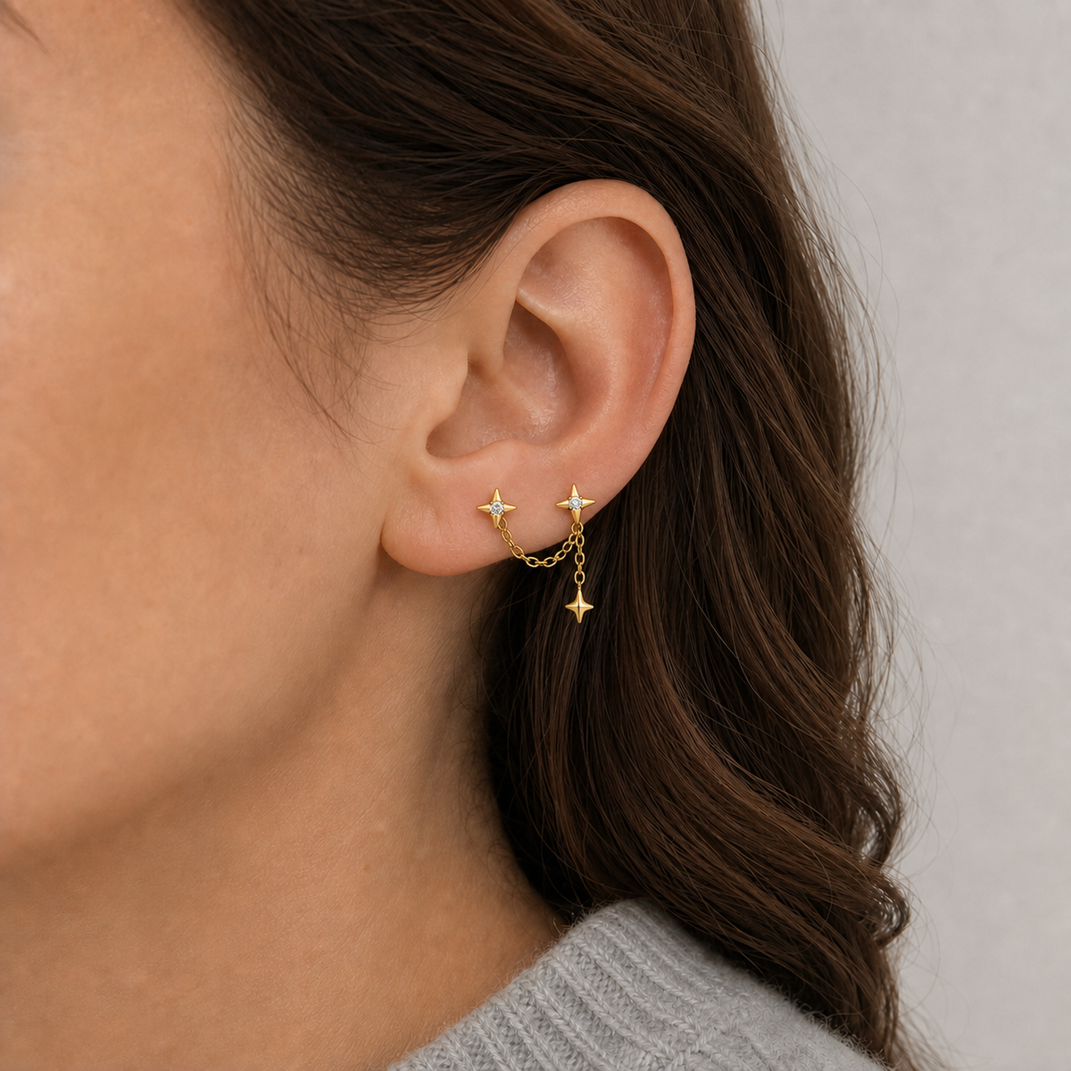 Clear CZ ASTM F136 Titanium Flat Back - Gold, Threadless, 18G, 1.0 x 6+4 mm — wearing view two (P-FB-0075-G01)