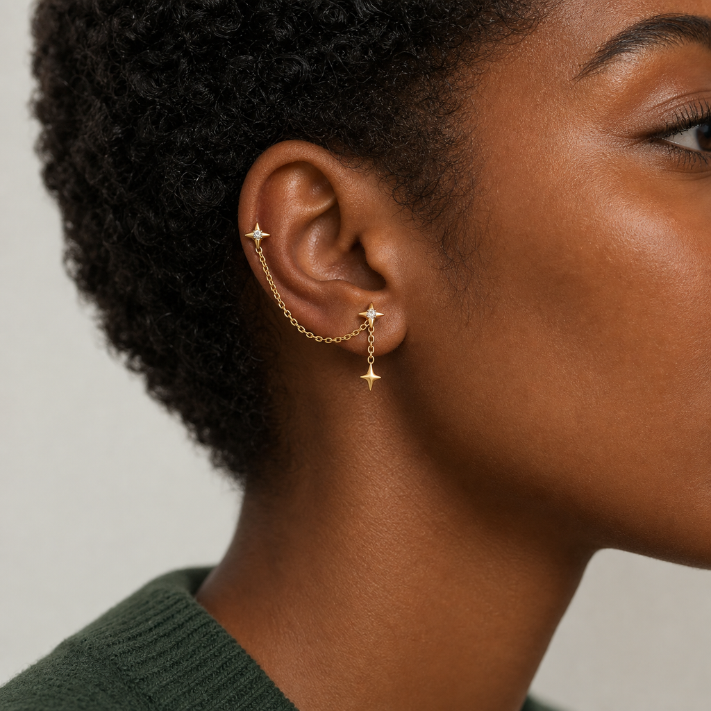 Clear CZ ASTM F136 Titanium Flat Back - Gold, Threadless, 18G, 1.0 x 6+4 mm — wearing view two (P-FB-0075-G01)