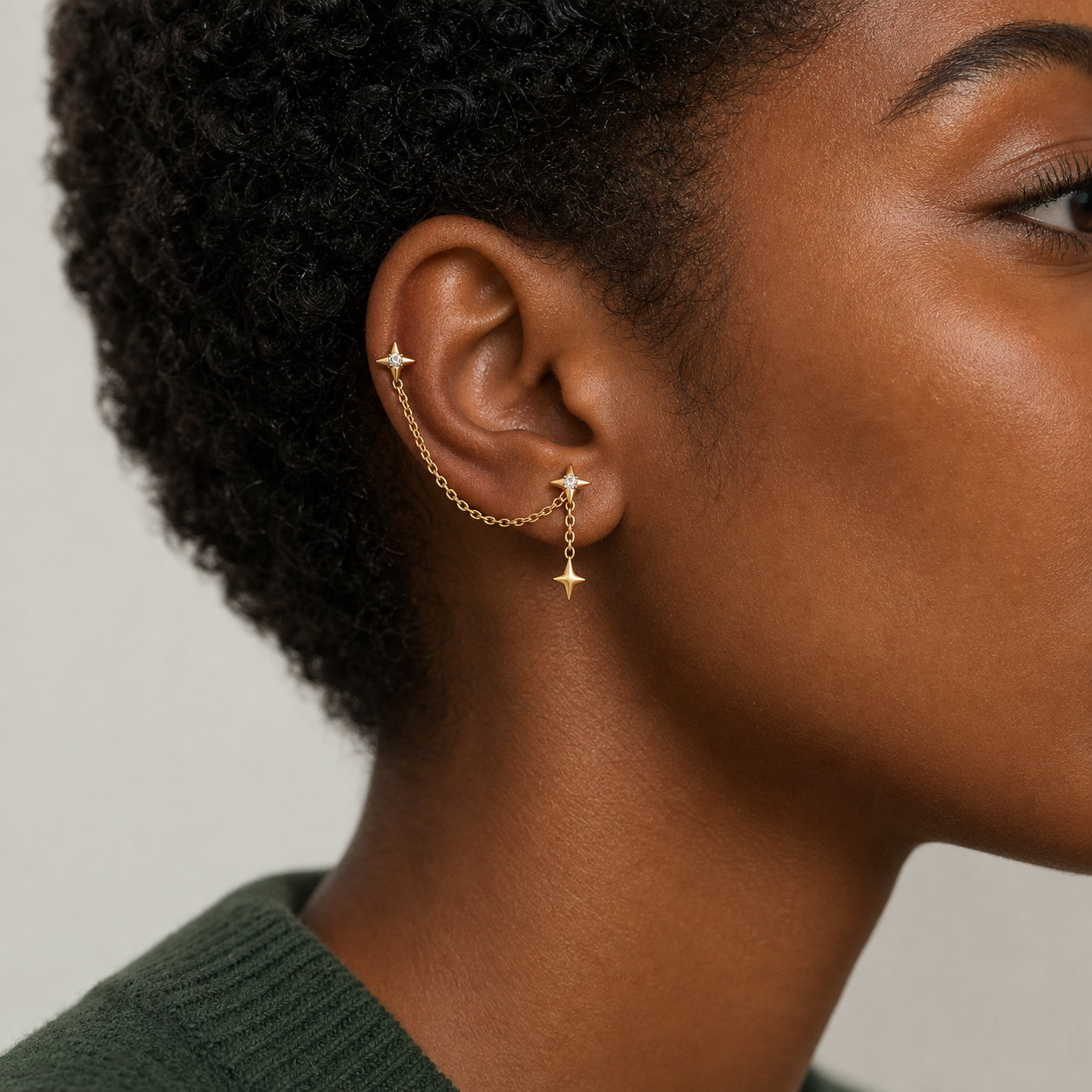 Clear CZ ASTM F136 Titanium Flat Back - Gold, Threadless, 18G, 1.0 x 6+4 mm — wearing view two (P-FB-0075-G01)