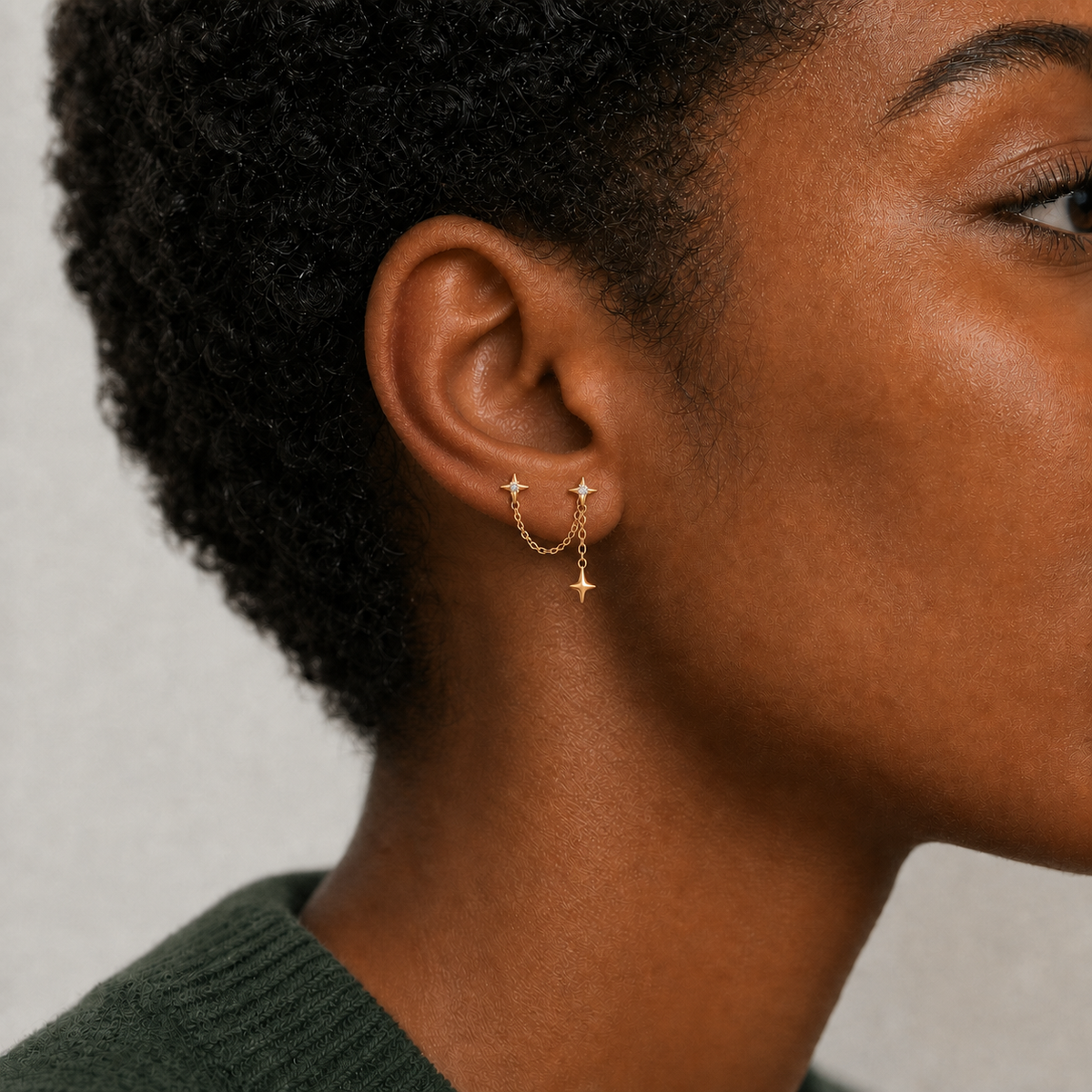 Clear CZ ASTM F136 Titanium Flat Back - Gold, Threadless, 18G, 1.0 x 6+4 mm — wearing view three (P-FB-0075-G01)