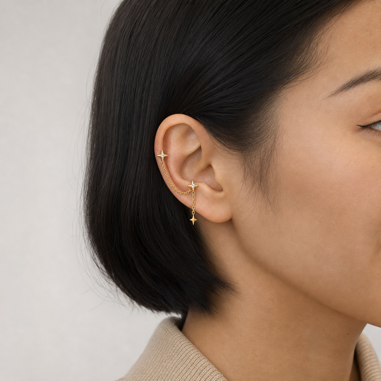 Clear CZ ASTM F136 Titanium Flat Back - Gold, Threadless, 18G, 1.0 x 6+4 mm — wearing view three (P-FB-0075-G01)