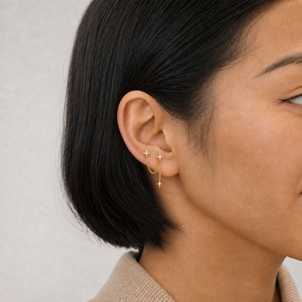 Clear CZ ASTM F136 Titanium Flat Back - Gold, Threadless, 18G, 1.0 x 6+4 mm — wearing view four (P-FB-0075-G01)