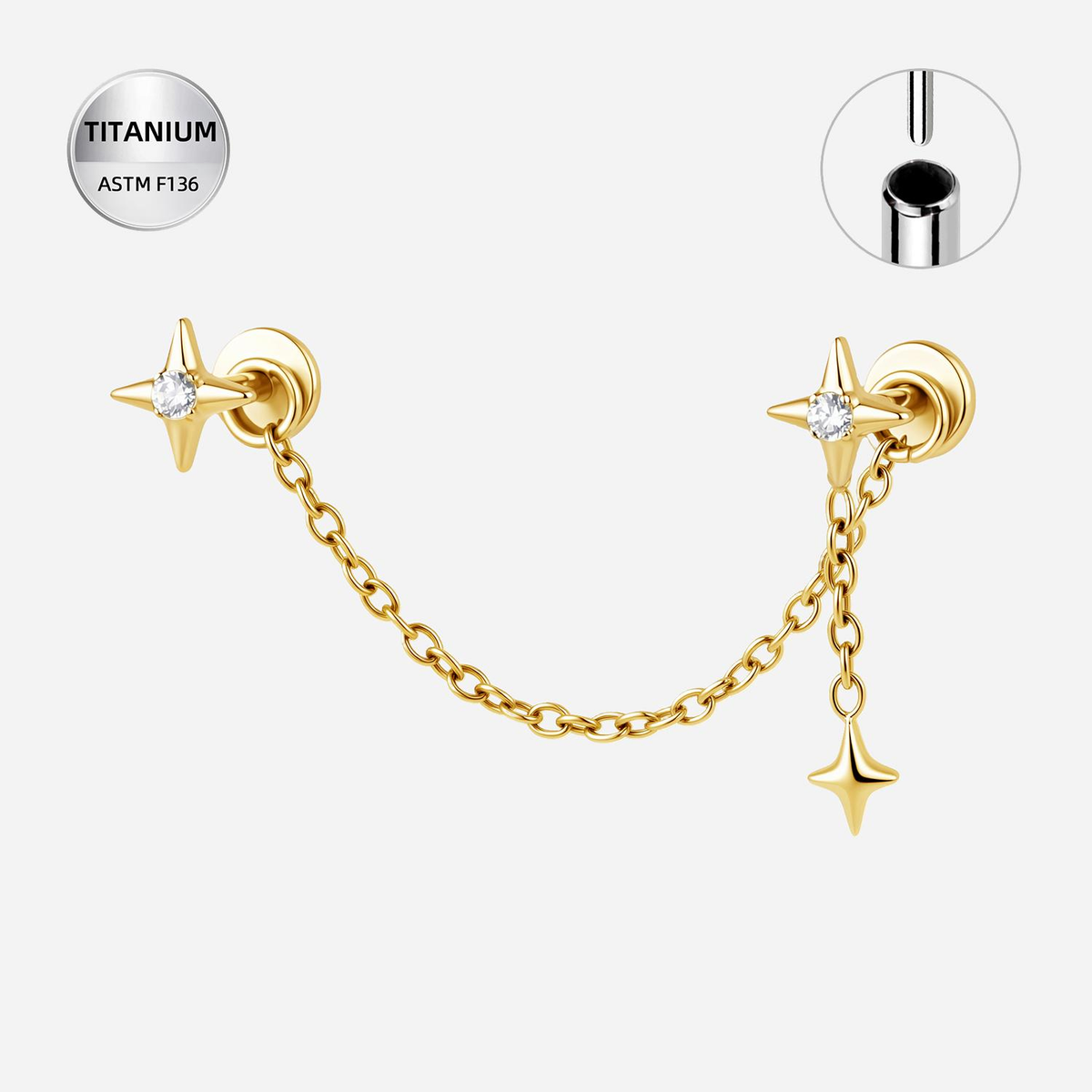 Clear CZ ASTM F136 Titanium Flat Back - Gold, Threadless, 18G, 1.0 x 6+4 mm — product detail views (P-FB-0075-G01)