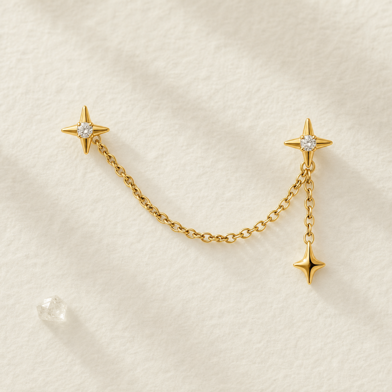 Clear CZ ASTM F136 Titanium Flat Back - Gold, Threadless, 18G, 1.0 x 6+4 mm — styled flat lay (P-FB-0075-G01)