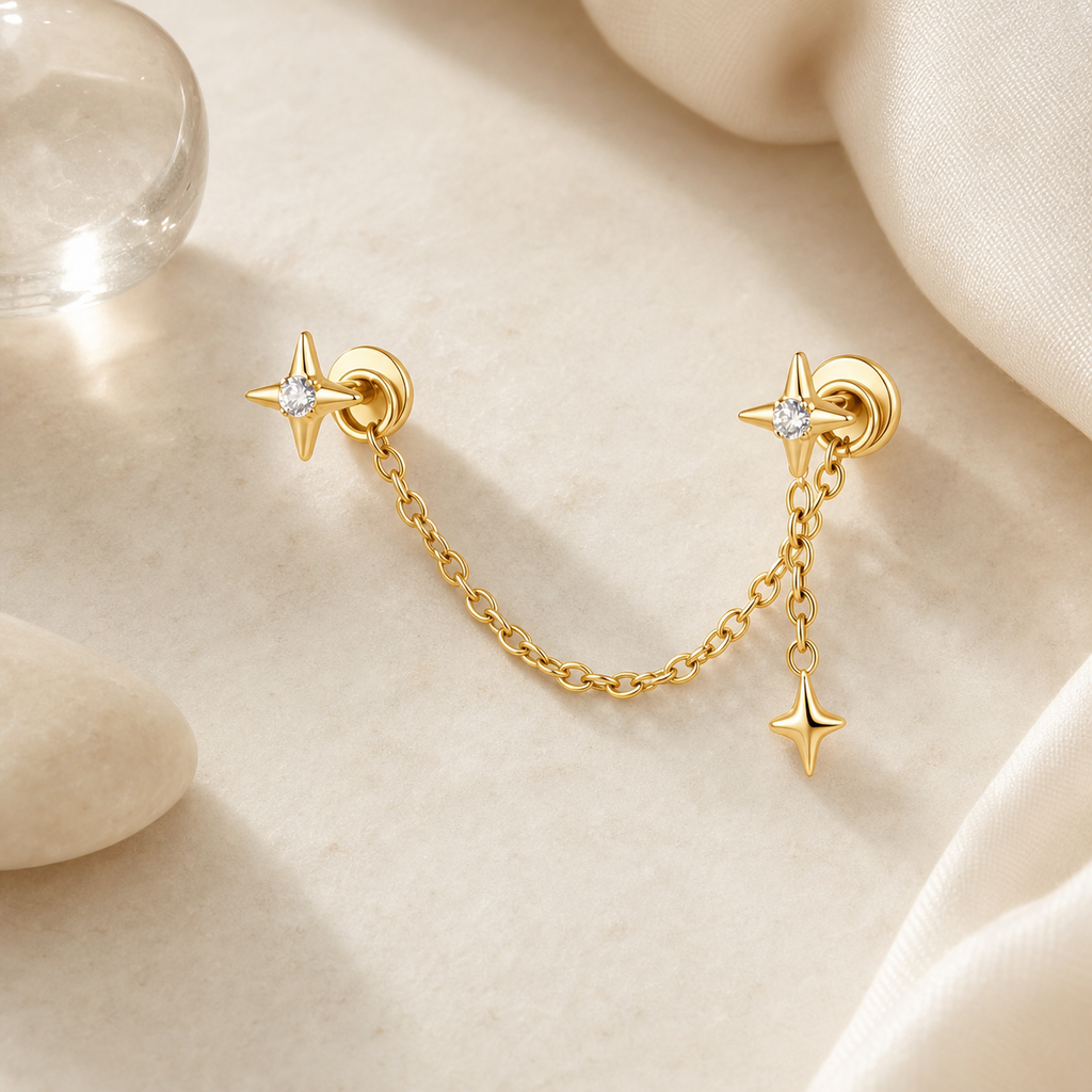 Clear CZ ASTM F136 Titanium Flat Back - Gold, Threadless, 18G, 1.0 x 6+4 mm — styled flat lay (P-FB-0075-G01)