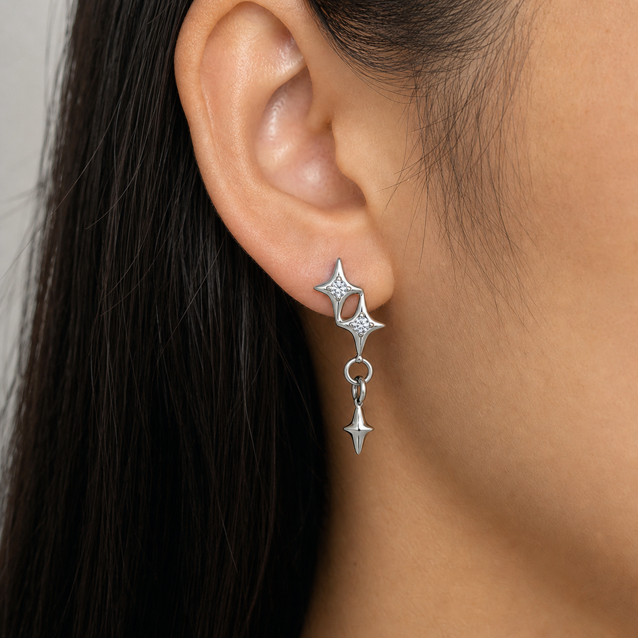 Clear CZ ASTM F136 Titanium Flat Back - Silver, Internally Threaded, 16G, 1.2 x 8+4 mm — wearing view three (P-FB-0076-S01)